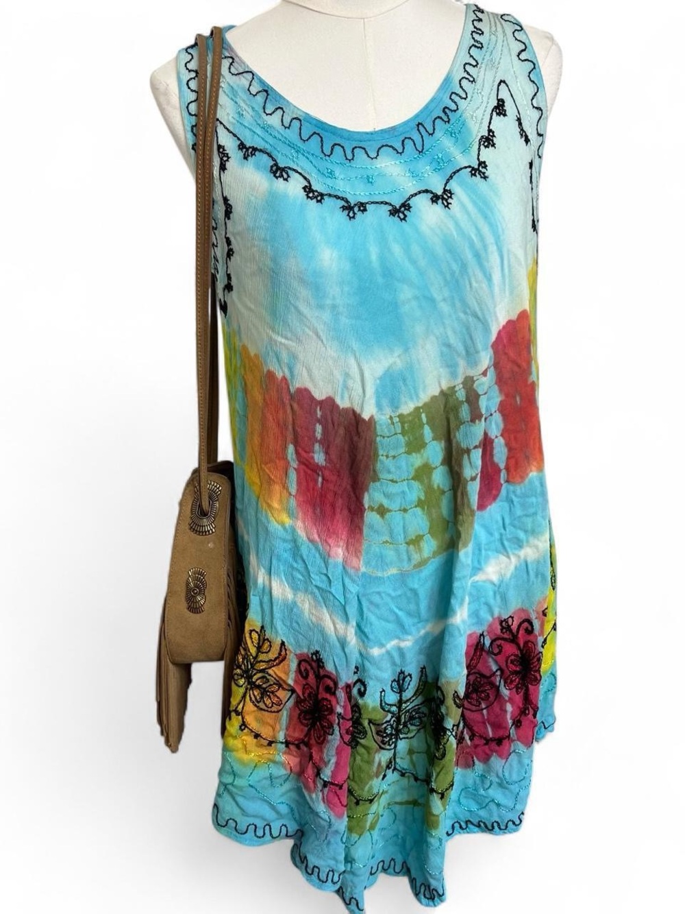 Blue rainbow tiedye dress with floral embroidery festival hippie spiritual